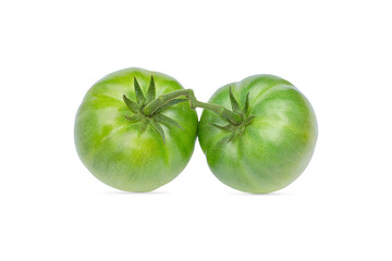 two green tomatoes on a twig on a white background, green tomatoes isolate