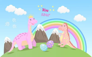 Dinosaur Cute Dino pink, standing and smile, comic cartoon Dino. pink dinosaur, cute for kids, Postcard dinosaur.Vector illustration.