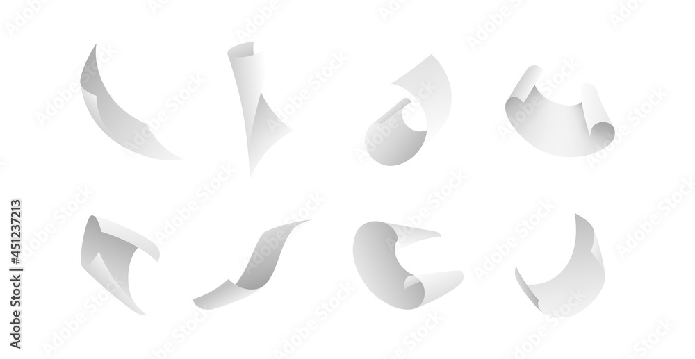 Poster flying papers. blank white 3d paper sheet falling down. curved corners pages flight different angles