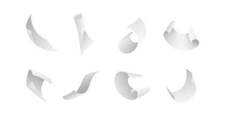 Flying papers. Blank white 3D paper sheet falling down. Curved corners pages flight different angles view with shadows. Scattered empty sheets. Office documents vector realistic isolated set