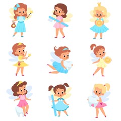Tooth fairies. Cute little winged girls in different dresses with dental care accessories and teeth, baby stories, kids legends. Fabulous flying princesses. Vector cartoon flat isolated set