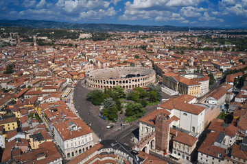 Verona, Italy aerial view of the historic city. Aerial panorama of the famous Piazza Bra in Verona. Monument to Unesco Arena di Verona in Italy top view.