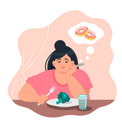 A sad obese woman is sitting at the table with a plate of broccoli