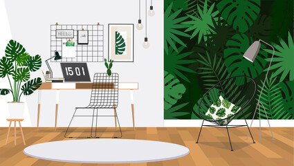 A room with a workspace in the style of an urban jungle.