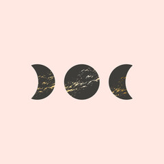 Three Moon phases vector illustration in boho style. Black moons with golden texture, trendy contemporary art