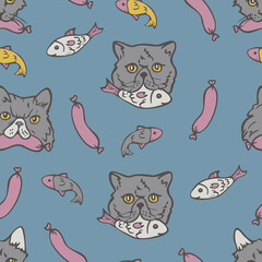Vector seamless pattern with cats faces with their favorite food. Cats, fish and sausages on blue background.
