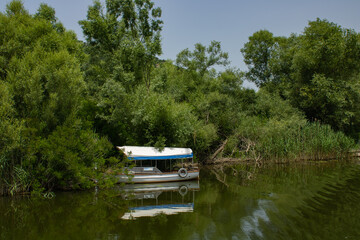 Obraz premium Empty boat without people stands on the picturesque river. Panoramic view on the rivershore and powerboat. Beautiful green trees and plants near the water.