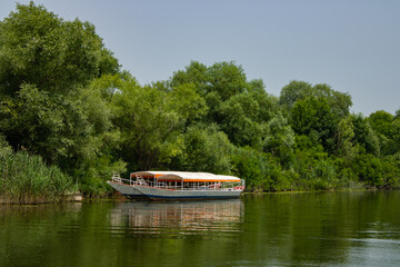 Empty boat without people stands on the picturesque river. Panoramic view on the rivershore and powerboat. Beautiful green trees and plants near the water.