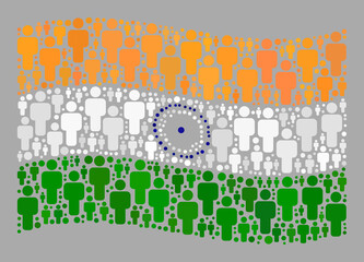 Mosaic waving India flag constructed with person icons. Vector crowd mosaic waving India flag designed for social advertisement. India flag collage is formed with scattered person icons.