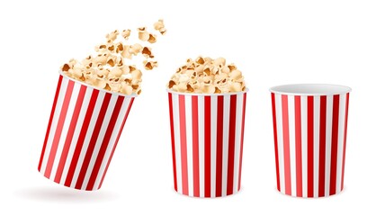 Realistic bucket popcorn. 3d corn snacks paper cups, striped red white packaging empty, full, and with flying flakes buckets, cinema salty and caramel fast food, dry souffles vector concept