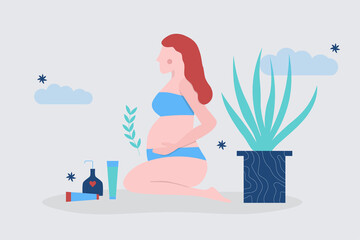 Illustration vectorielle d'une femme enceinte avec des produits de soin. Illustration autour de la grossesse et de la maternité. Femme enceinte qui tient son ventre.