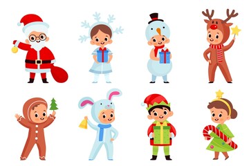 Obraz na płótnie Canvas Kids hold christmas gifts. Smiling boys and girls in new year holiday costumes with different presents and xmas elements. Santa claus, deer and elf, Vector cartoon flat style isolated set