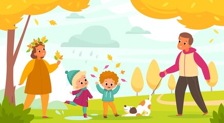 Fototapeta premium Autumn park family. Parents with children walk with dog outdoor activity, people and pet, mom and dad, son and daughter walking among yellow trees with falling orange leaves vector concept