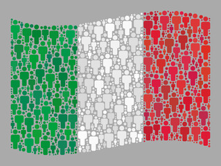 Mosaic waving Italy flag designed with man items. Vector crowd mosaic waving Italy flag designed for social propaganda. Italy flag collage is organized from random social icons.