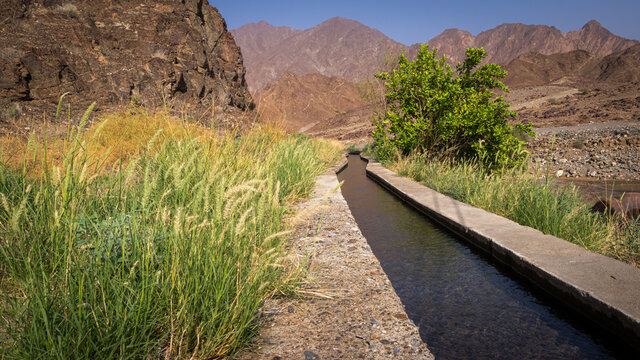 The traditional falaj irrigation system in the mountain village of Al Hoqain in Oman