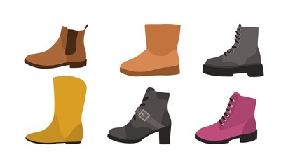 Footwear. Winter types of shoes for men and women. Fashionable casual style. Warm boots collection. Modern clothing. Side view on comfortable leather footgear. Vector accessories set