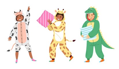 Kids animal pajamas. Smiling boys and girls in overalls. Cow, giraffe and dragon funny costumes, clothes with animalistic prints or kigurumi sleepwear for party. Vector cartoon set