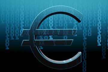 Digital euro symbol on a binary code background.