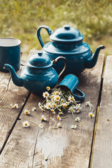 Obraz na płótnie Canvas Tea composition with chamomile in vintage style