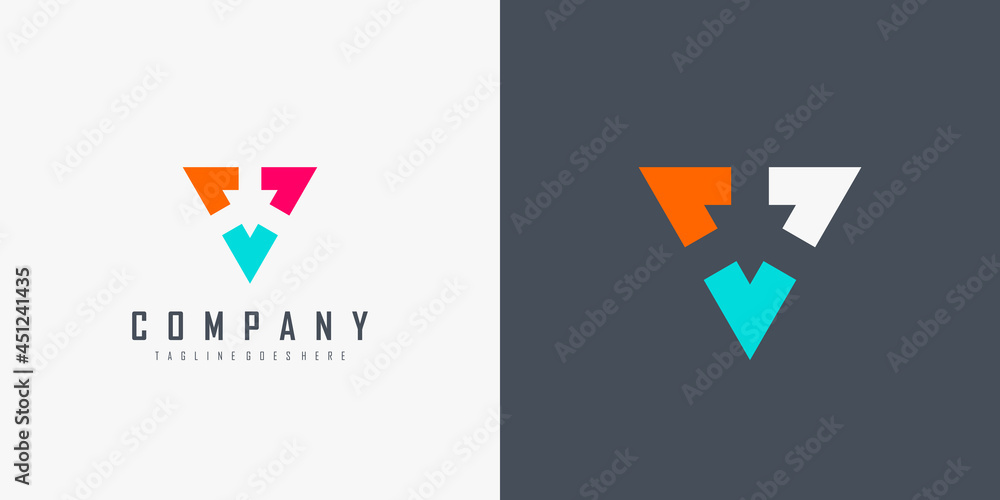 Poster triple arrow logo. colorful geometric triangle arrows initial letter v isolated on double background