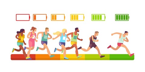 Energy charge. Level of accumulators, full, low and empty energy indicators, competition success measurement, marathon winners rating, activity meter, sprint results vector cartoon concept