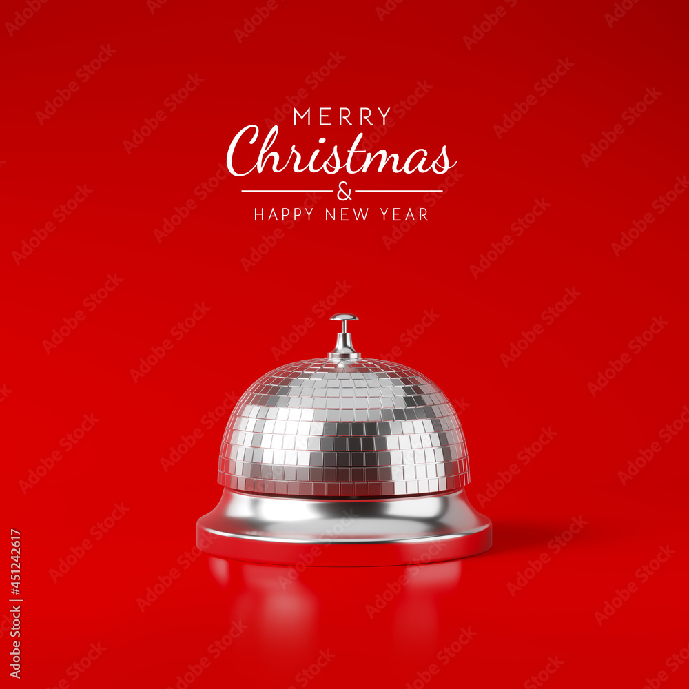 Poster minimal abstract background for christmas and winter holiday concept. table bell with mirror ball te