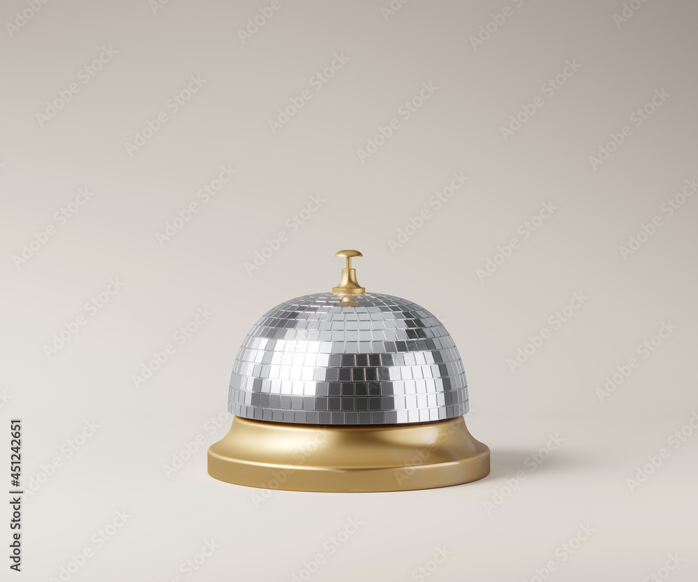 Poster minimal abstract background for party time concept. table bell with mirror ball texture on beige bac