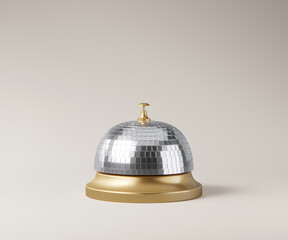Minimal abstract background for party time concept. Table bell with mirror ball texture on beige background. 3d render illustration. Clipping path of each element included.