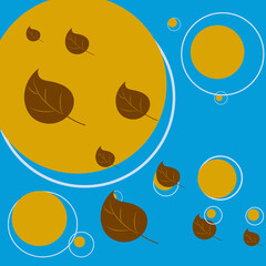 abstract background in blue with yellow circles and brown leaves