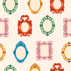 Various decorative Frames or borders. Different shapes. Photo or mirror frames. Elegant, modern style. Hand drawn colored trendy Vector seamless Pattern. Background, wallpaper