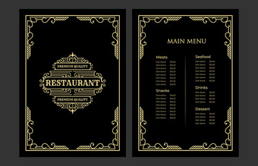 Luxury vintage restaurant food menu card template for packaging with logo for hotel cafe bar coffeeshop