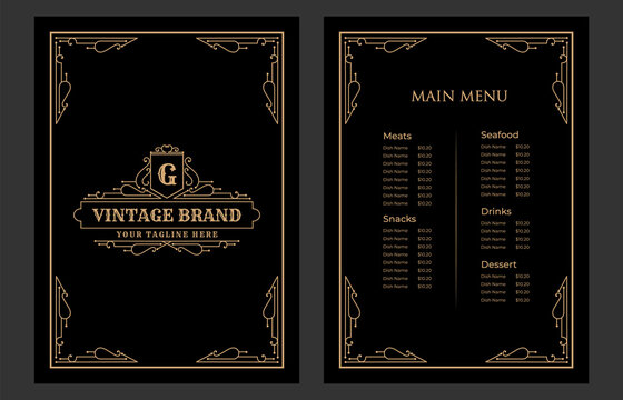 Luxury vintage restaurant food menu card template for packaging with logo for hotel cafe bar coffeeshop