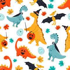 Vector seamless pattern. Cute dinosaurs in cartoon style for Halloween. Happy Halloween pattern