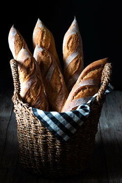 Freshly baked baguettes in basket