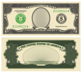 Blank obverse and reverse of the banknote in the style of vintage US paper money. Banking seals of the Federal Reserve System. Retro frames with guilloche and grid - obrazy, fototapety, plakaty