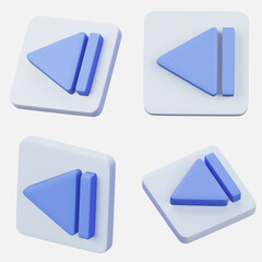 Set of  3D rendering backward icon interface symbol isolated on white background.  Video or music player apps element. 