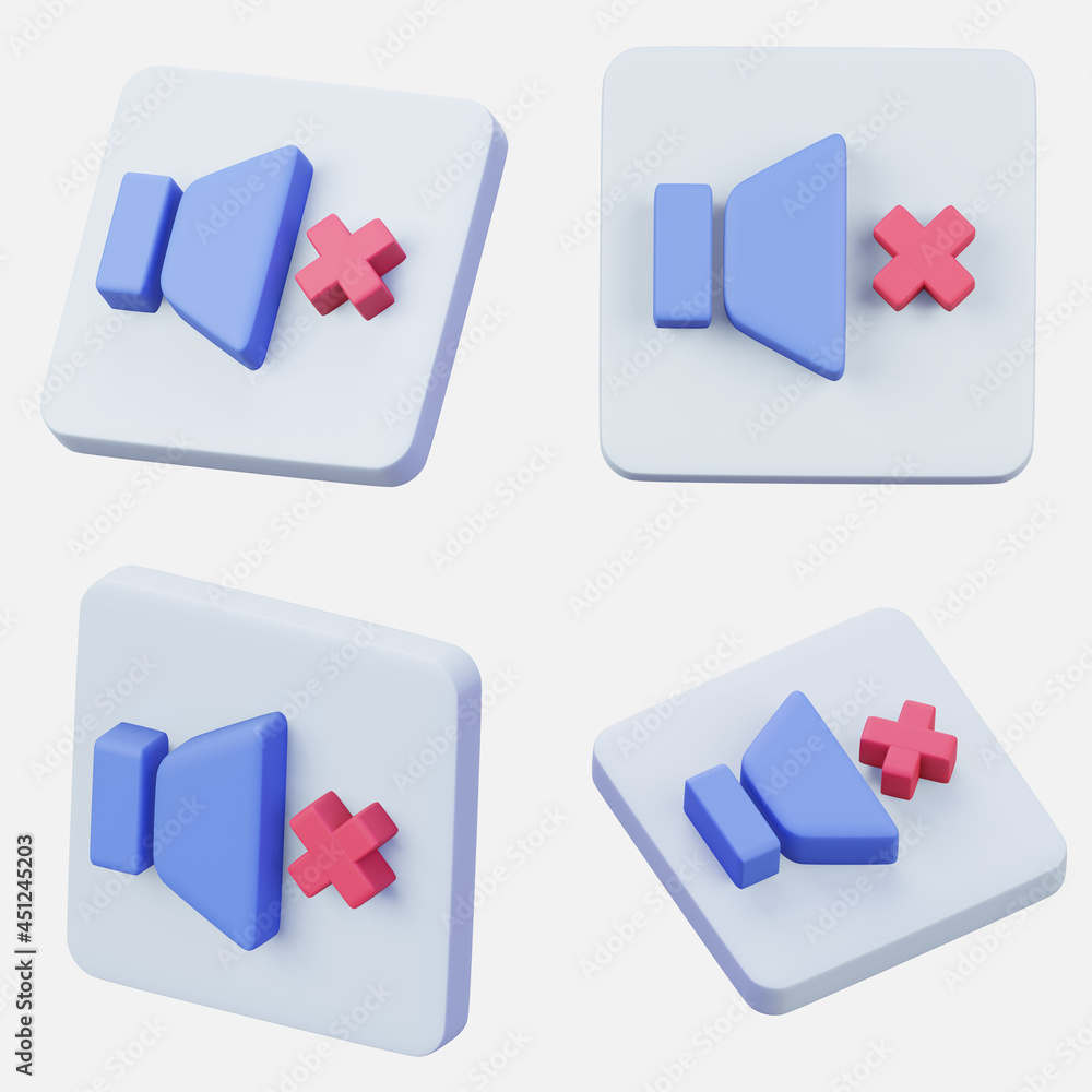 Poster set of 3d rendering mute icon interface symbol isolated on white background. video or music player a
