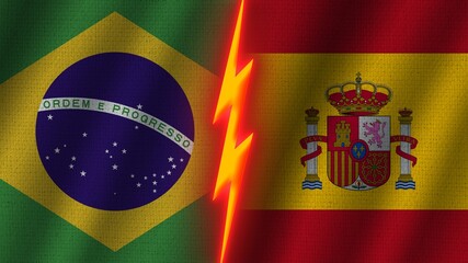 Spain and Brazil Flags Together, Wavy Fabric Texture Effect, Neon Glow Effect, Shining Thunder Icon, Crisis Concept, 3D Illustration