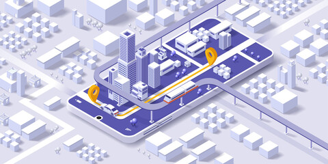 Maps and navigation online on mobile application, City isometric plan with road and buildings, GPS, World Map. Isometric smart city concept. 3d vector illustration. - obrazy, fototapety, plakaty