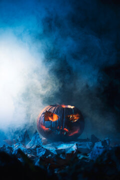 Close-up of a pumpkin on a dark background prepared to celebrate Halloween