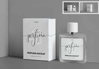 3 Mockup Boxes and Bottles of Perfume on Isometric Background