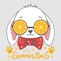 Fun rabbit boy face with orange sunglasses, footprint. Summer Time slogan. Illustration for t-shirt graphics, fashion prints, posters and other uses.