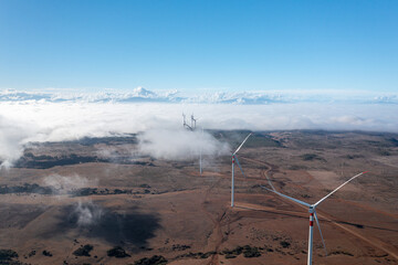 wind farm, chile,  horizontal aerial view with propeller drone and park