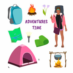 set of camping items with black skin girl
