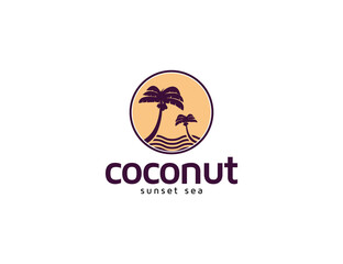 Sunset coconut tree and island beach logo illustration for vacation concept