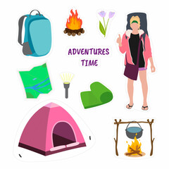 set of camping stickers with white girl