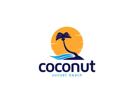 Sunset coconut tree and island beach logo illustration for holiday or vacation concept