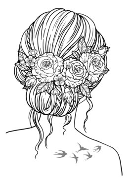 Coloring book for adults. Girl with a hairstyle braided in the hair of rose flowers. Vector black contour image on a white background