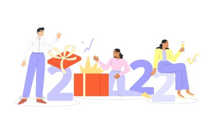 Fototapeta premium Concept of Corporate Christmas and New Year celebrations. Flat vector illustration with happy people opening presents and holding numbers 2022. Secret Santa or a party with friends or colleagues.