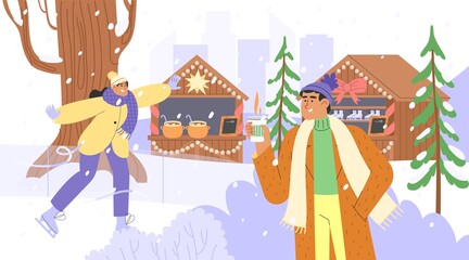 Concept of Christmas market. Flat vector illustration with happy people skating in ice rink, relaxing, drinking mulled wine, buying gifts at the fair. Christmas and New Year celebrations. 